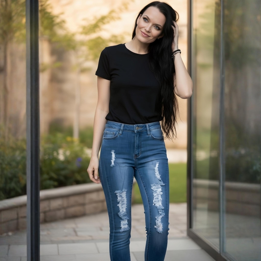 Fashion Nova ✦ High Waisted Distressed Skinny Jeans ✦ Blue Stretch Denim Sz 3